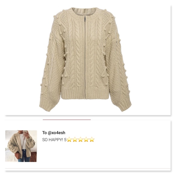 Zip Up Pom Pom Beige Cardigan - Picture 6 of 8